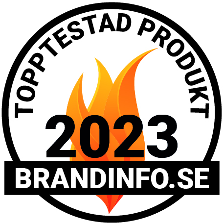 Märke med texten: Topptestad produkt 2023 - Brandinfo.se